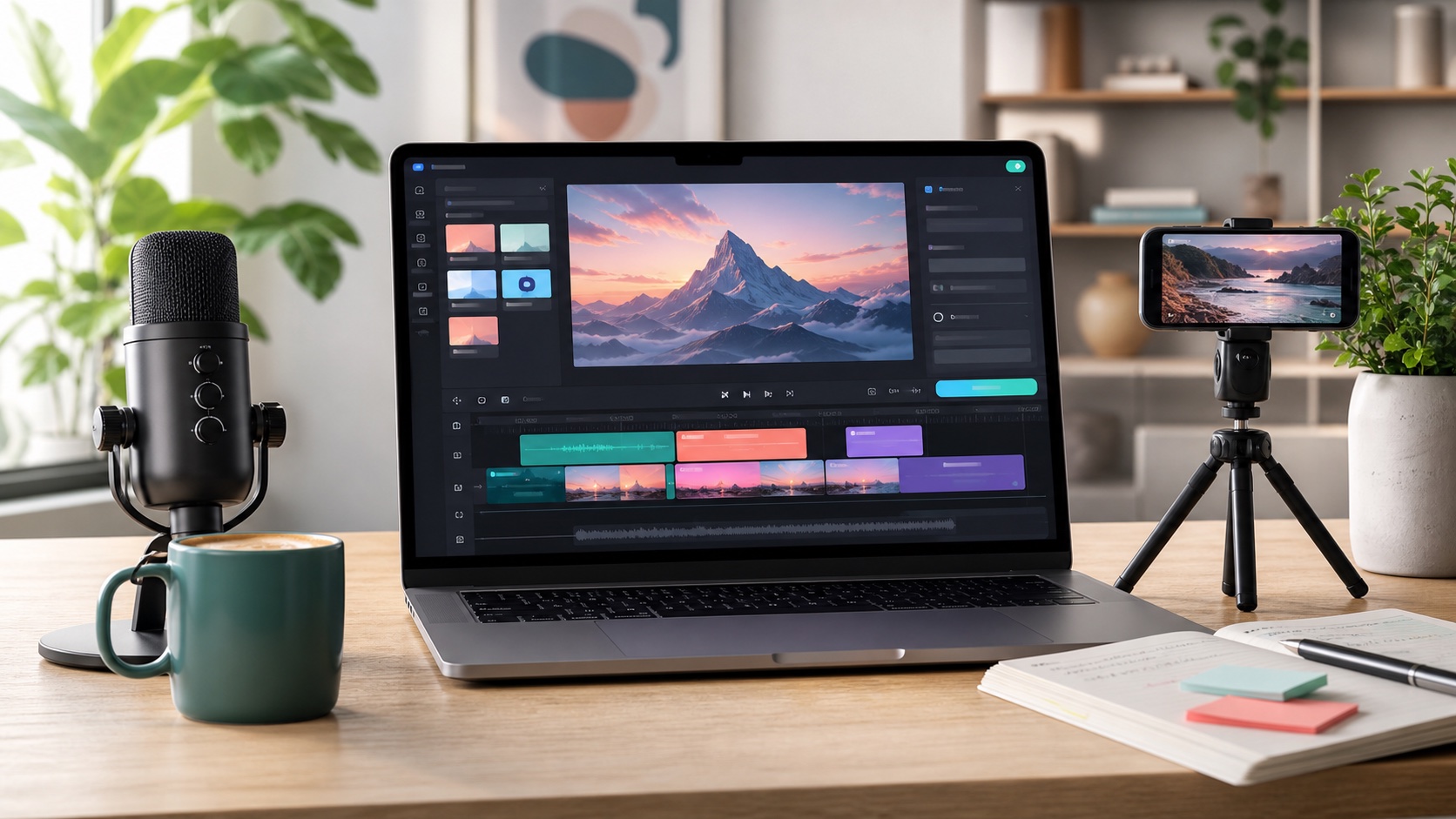 Modern creator workspace with an AI video editing interface inspired by VEED.io