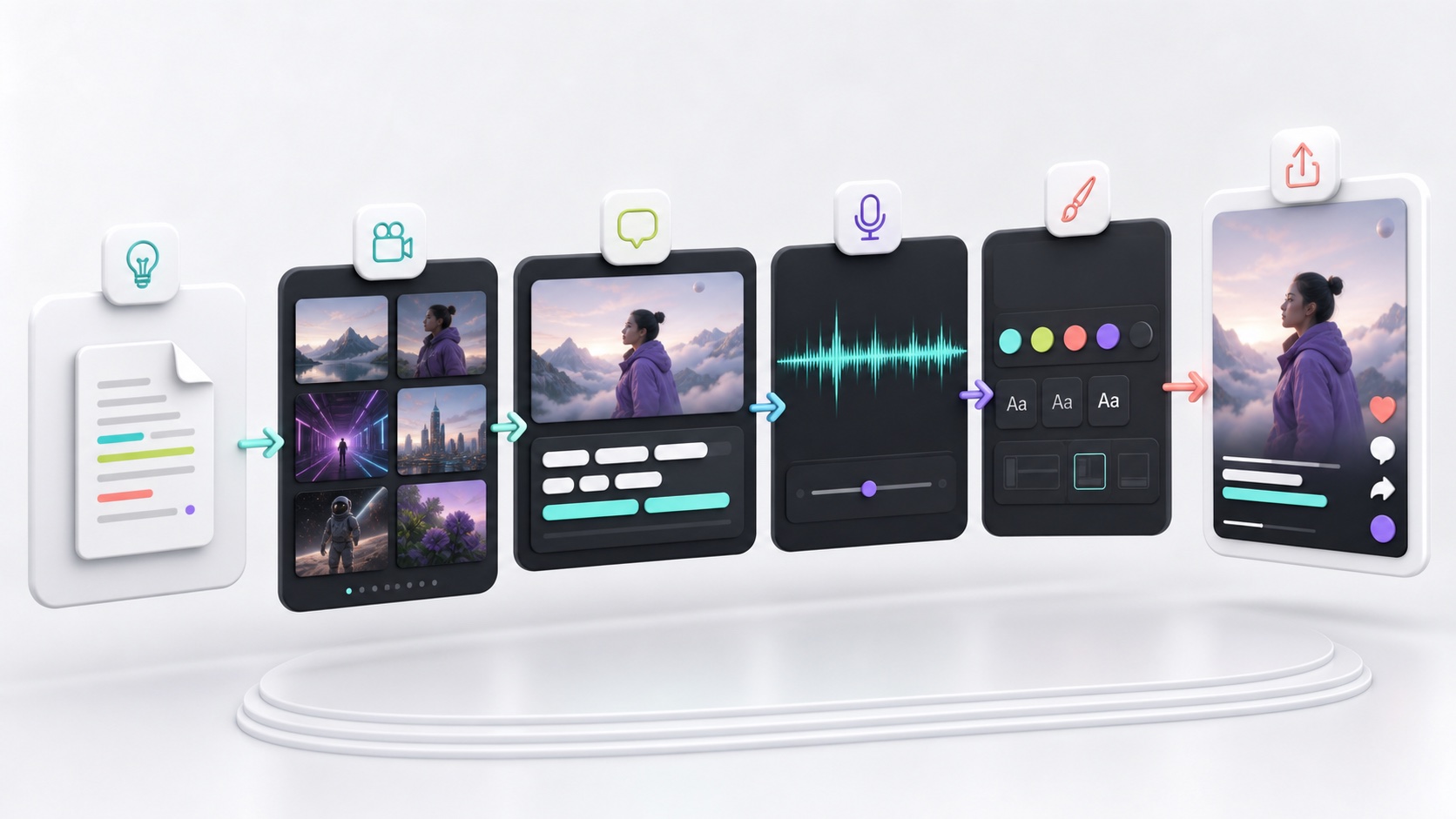 AI video creation workflow with script, scenes, subtitles, voiceover, branding, and export panels